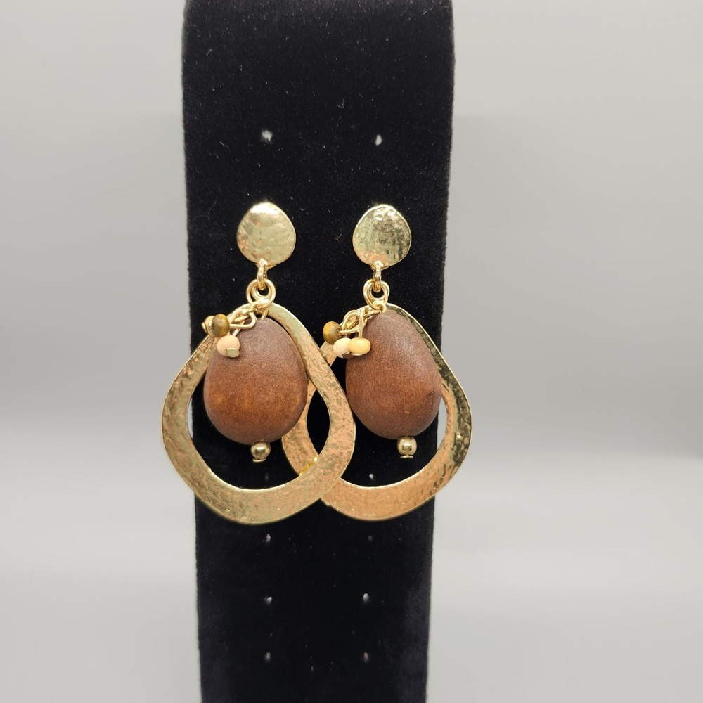 Bohemian Dangle Drop Earrings 3" Long Wood Gold Tone Hammered Fashion Jewelry